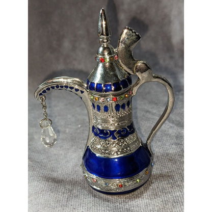 Arabian Nights Mini Dallah Coffee Pot Blue Silver Tone Jeweled Souvenir Decor