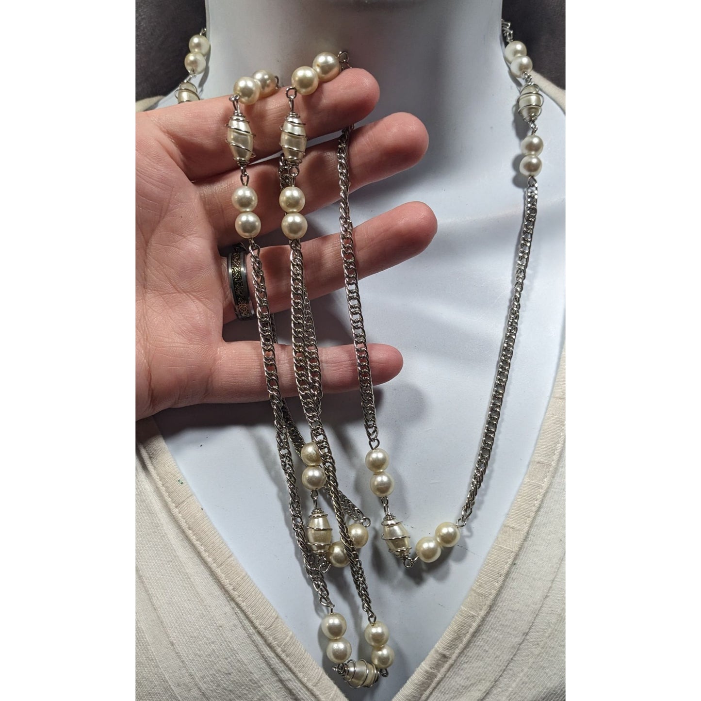 Vintage Wire Wrapped Faux Pearl Station Necklace