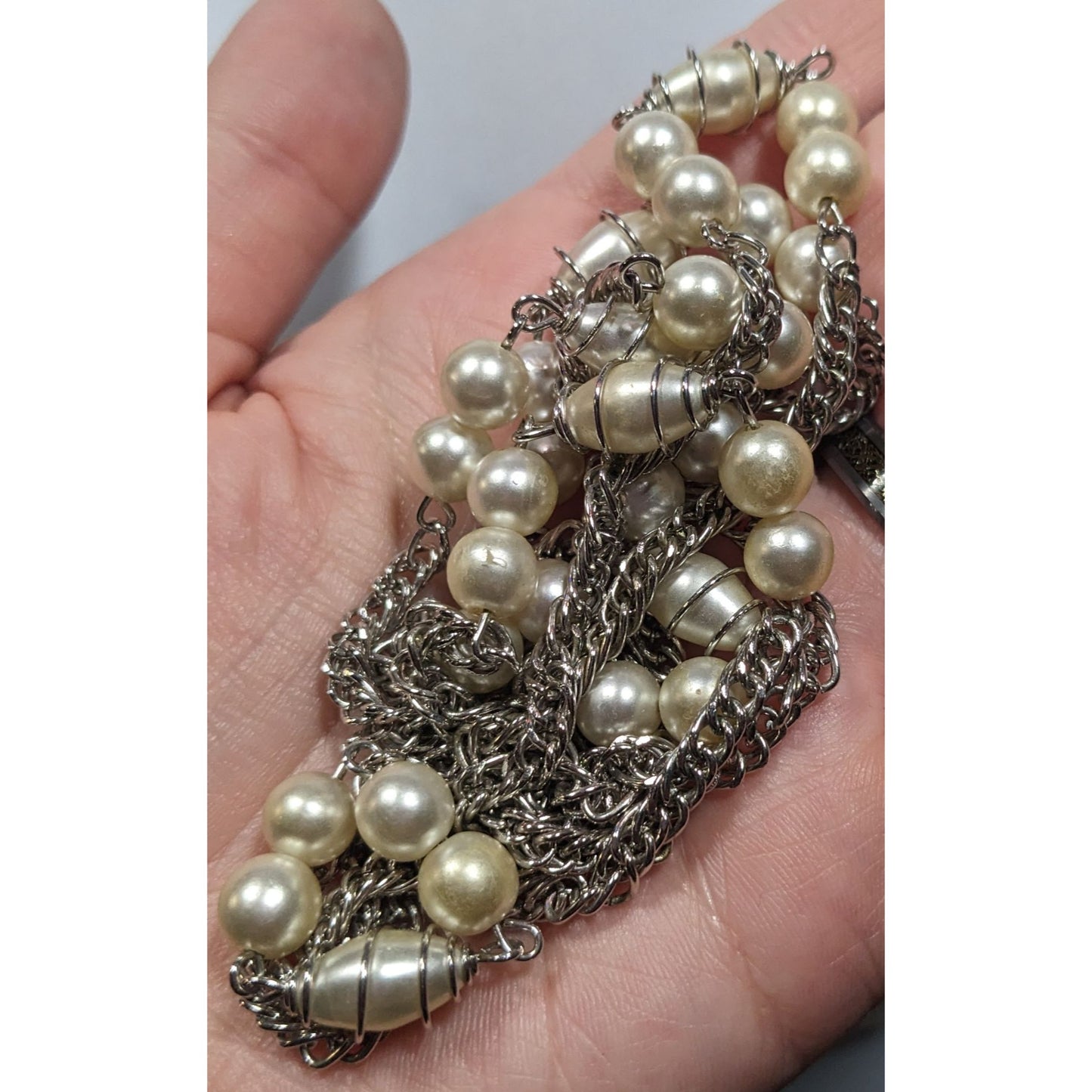 Vintage Wire Wrapped Faux Pearl Station Necklace