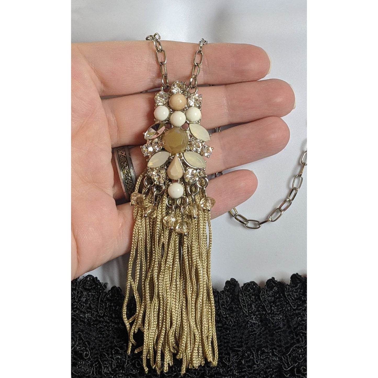 Vintage Y2K Gold Chain Necklace With Beaded & Rhinestone Tassel Pendant