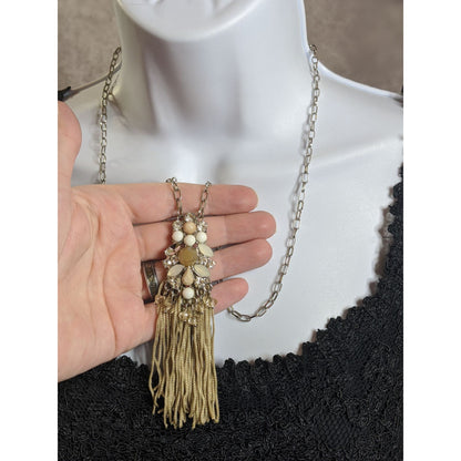 Vintage Y2K Gold Chain Necklace With Beaded & Rhinestone Tassel Pendant