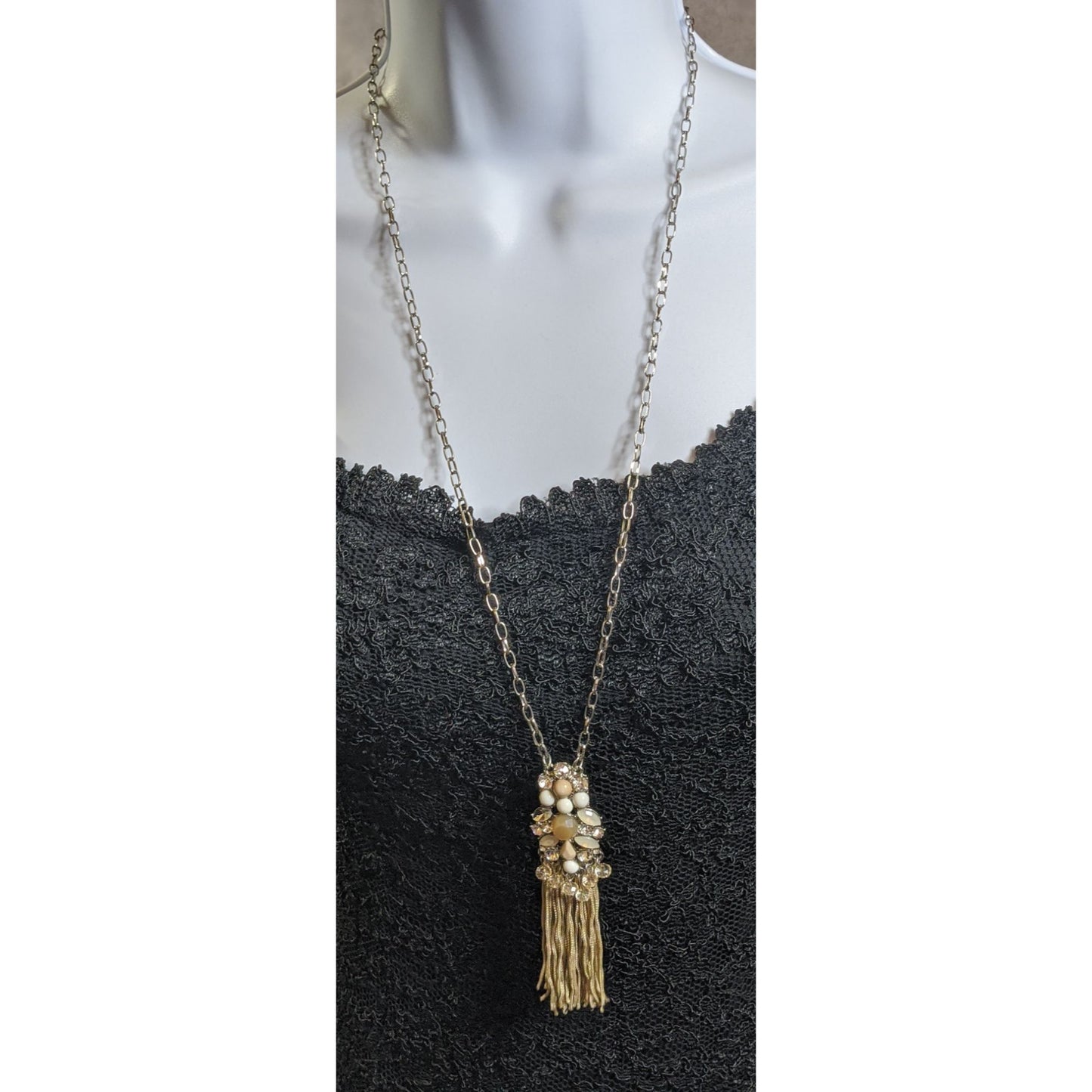 Vintage Y2K Gold Chain Necklace With Beaded & Rhinestone Tassel Pendant