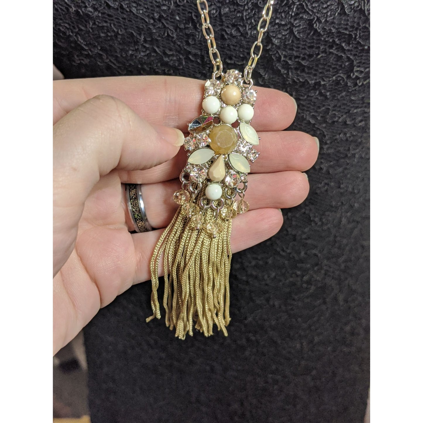 Vintage Y2K Gold Chain Necklace With Beaded & Rhinestone Tassel Pendant