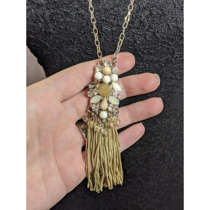 Vintage Y2K Gold Chain Necklace With Beaded & Rhinestone Tassel Pendant