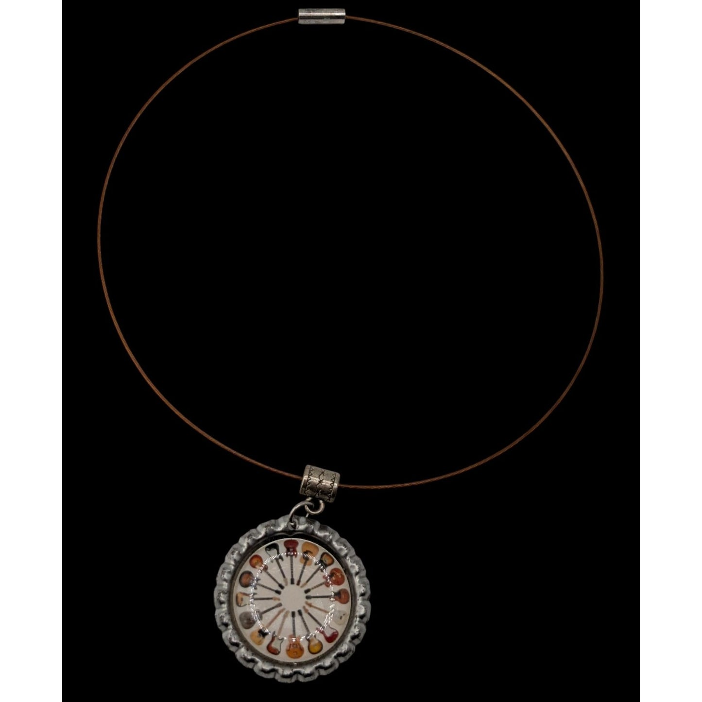 Guitar Bottlecap Pendant Necklace Circle of Guitars Silver Brown Musician