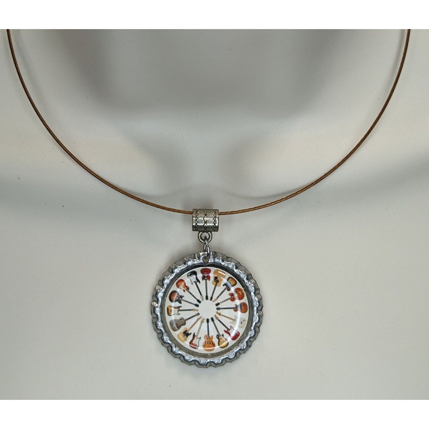 Guitar Bottlecap Pendant Necklace Circle of Guitars Silver Brown Musician