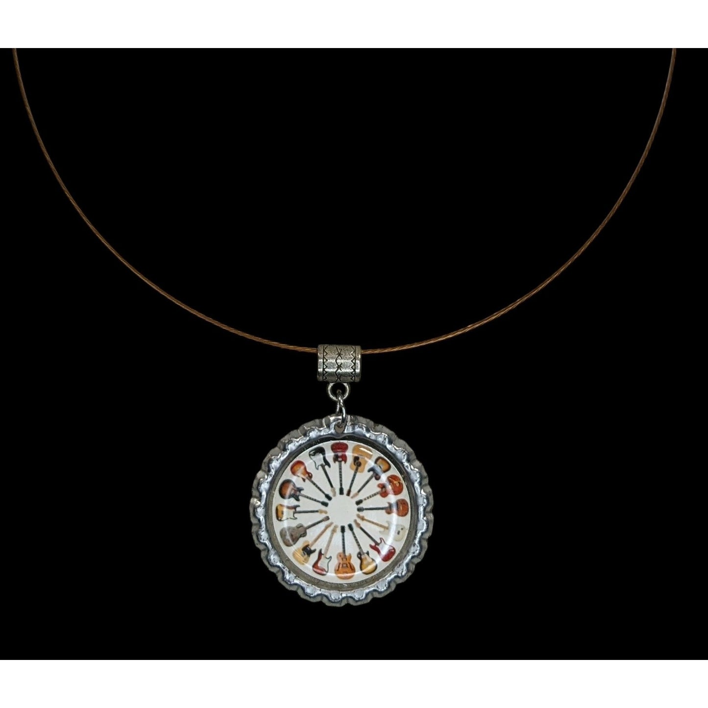 Guitar Bottlecap Pendant Necklace Circle of Guitars Silver Brown Musician