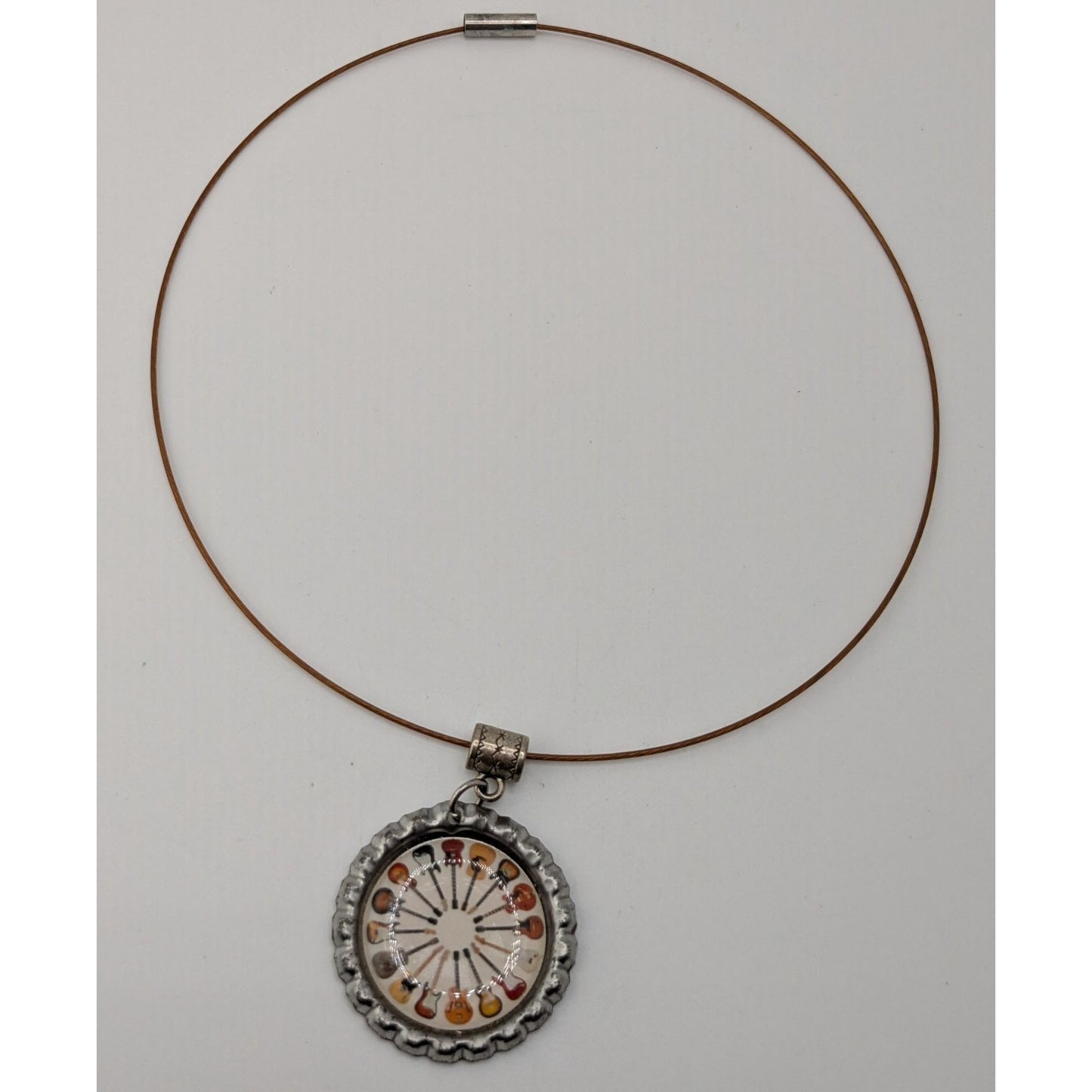 Guitar Bottlecap Pendant Necklace Circle of Guitars Silver Brown Musician