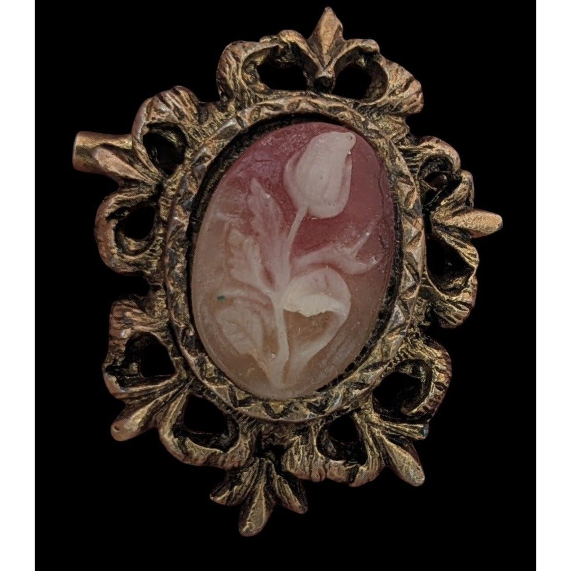 Vintage Floral Cameo Brooch Pendant 1 1/2 Inch Oval Frame