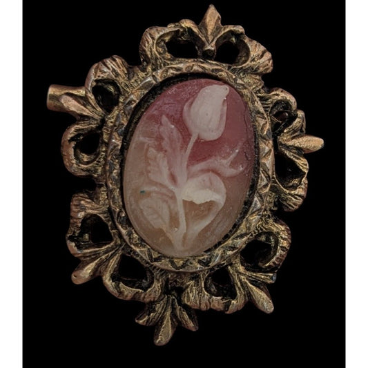 Vintage Floral Cameo Brooch Pendant 1 1/2 Inch Oval Frame