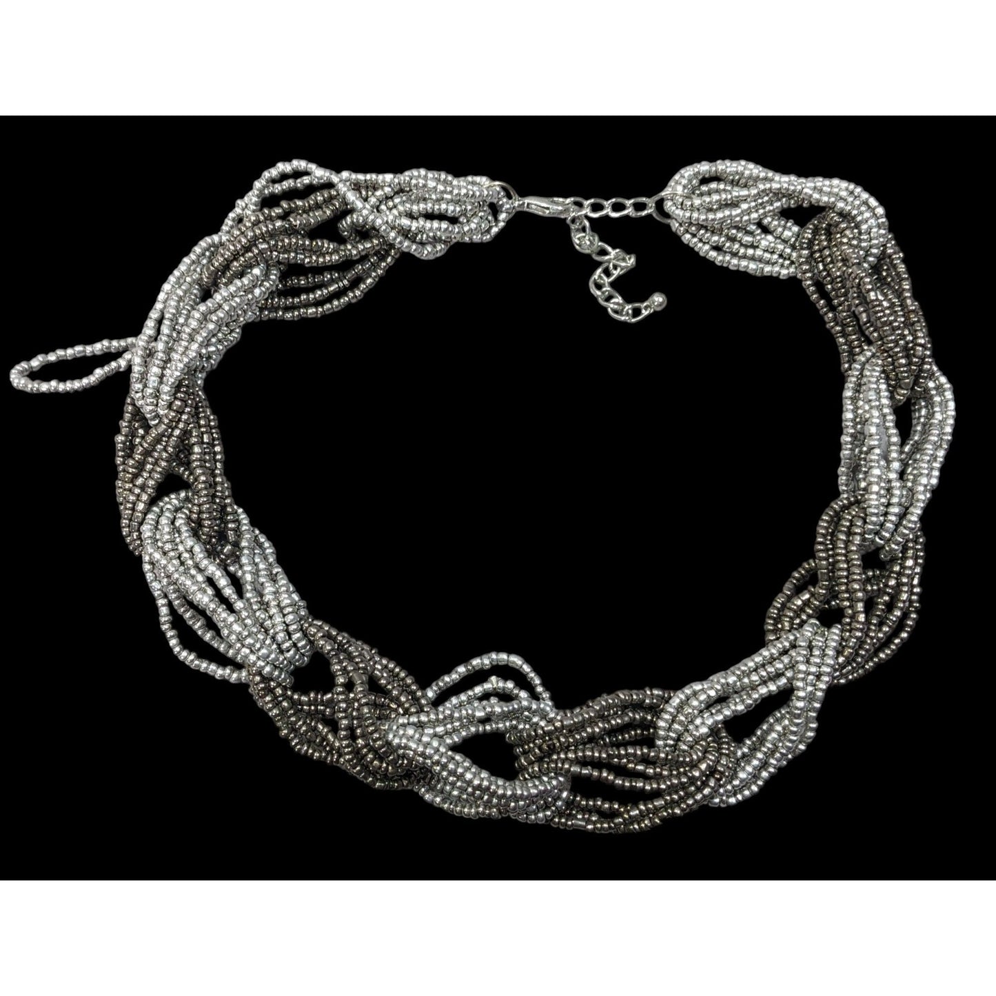 Chunky Braided Knot Silver Tone Glass Beaded Necklace
