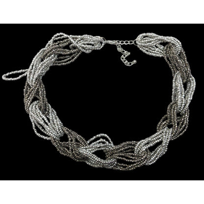 Chunky Braided Knot Silver Tone Glass Beaded Necklace