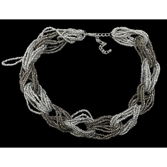 Chunky Braided Knot Silver Tone Glass Beaded Necklace