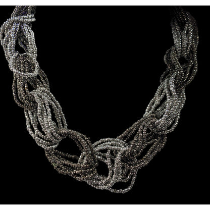 Chunky Braided Knot Silver Tone Glass Beaded Necklace