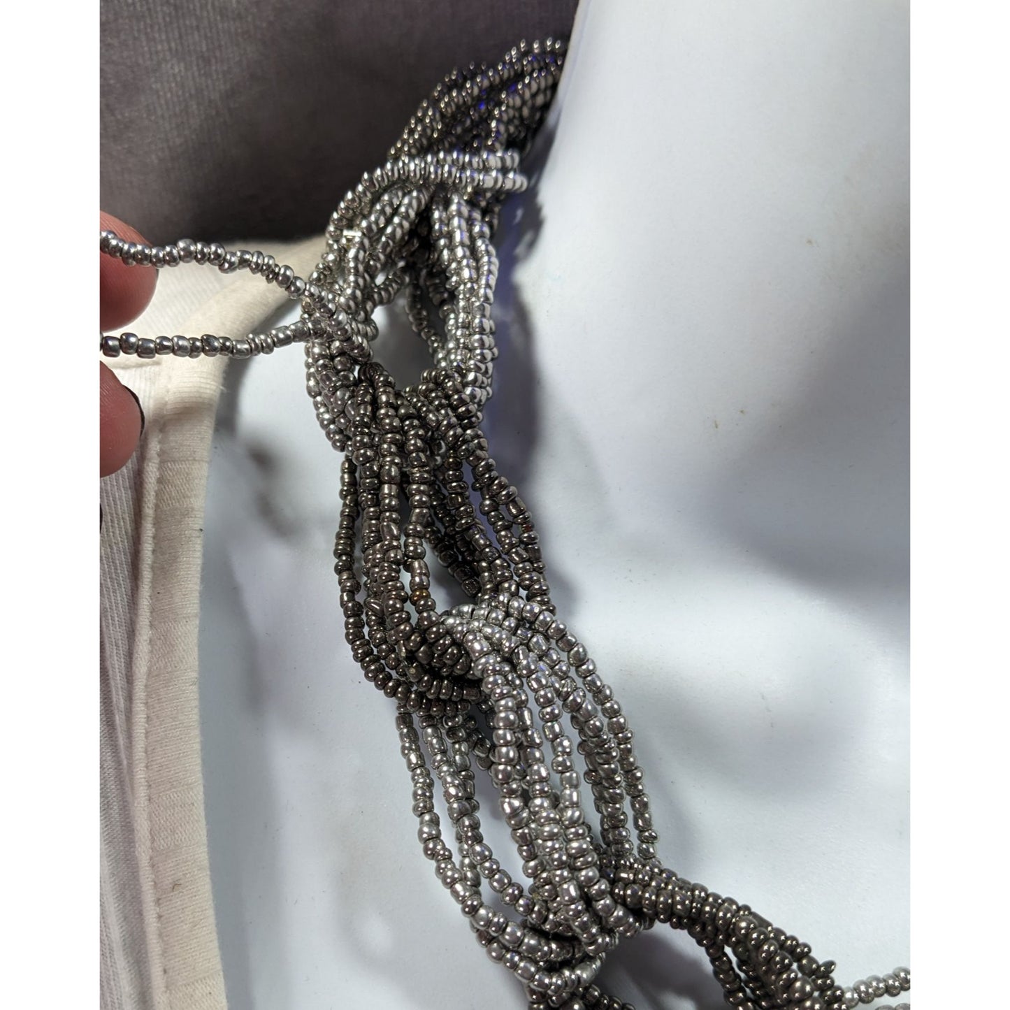 Chunky Braided Knot Silver Tone Glass Beaded Necklace