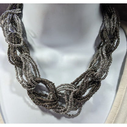 Chunky Braided Knot Silver Tone Glass Beaded Necklace