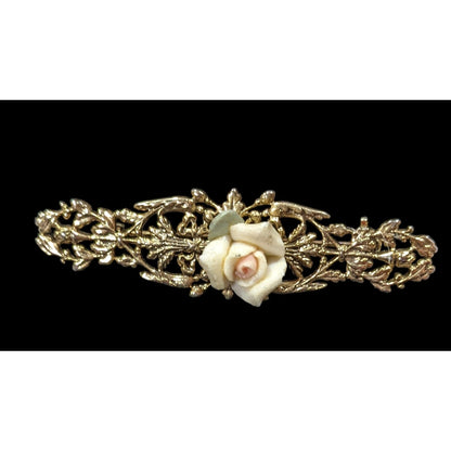 Vintage Victorian Style Rose Embellished Gold Tone Filigree Brooch