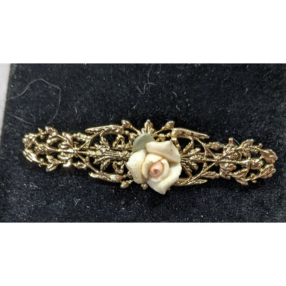 Vintage Victorian Style Rose Embellished Gold Tone Filigree Brooch