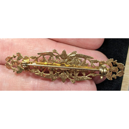 Vintage Victorian Style Rose Embellished Gold Tone Filigree Brooch
