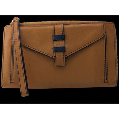Vera Bradley Genuine Leather Wristlet Wallet With Patterned Interior & 6-Inch Strap 8x4x1 Inches Tan & Navy