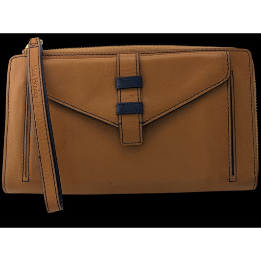 Vera Bradley Genuine Leather Wristlet Wallet With Patterned Interior & 6-Inch Strap 8x4x1 Inches Tan & Navy
