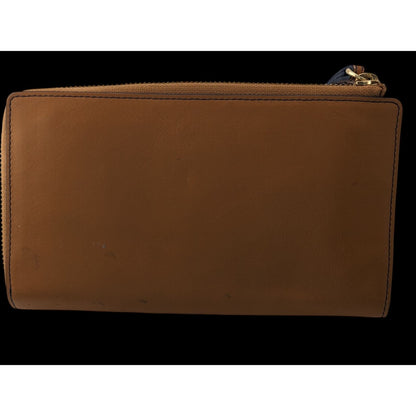 Vera Bradley Genuine Leather Wristlet Wallet With Patterned Interior & 6-Inch Strap 8x4x1 Inches Tan & Navy