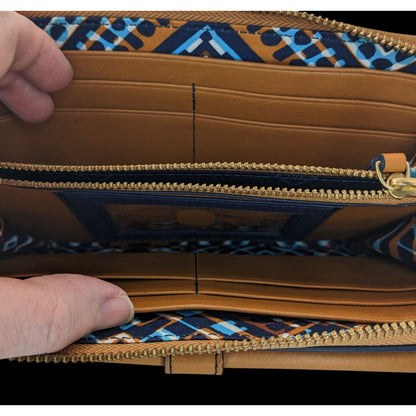 Vera Bradley Genuine Leather Wristlet Wallet With Patterned Interior & 6-Inch Strap 8x4x1 Inches Tan & Navy