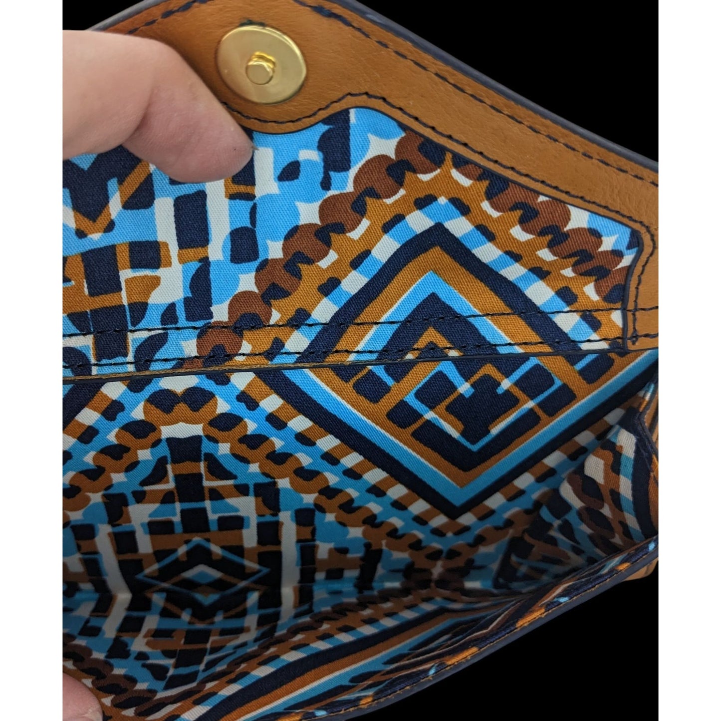 Vera Bradley Genuine Leather Wristlet Wallet With Patterned Interior & 6-Inch Strap 8x4x1 Inches Tan & Navy