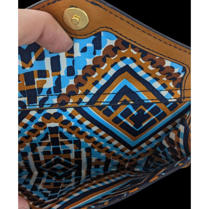 Vera Bradley Genuine Leather Wristlet Wallet With Patterned Interior & 6-Inch Strap 8x4x1 Inches Tan & Navy