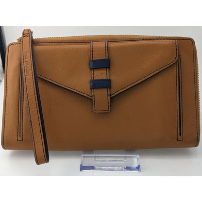 Vera Bradley Genuine Leather Wristlet Wallet With Patterned Interior & 6-Inch Strap 8x4x1 Inches Tan & Navy
