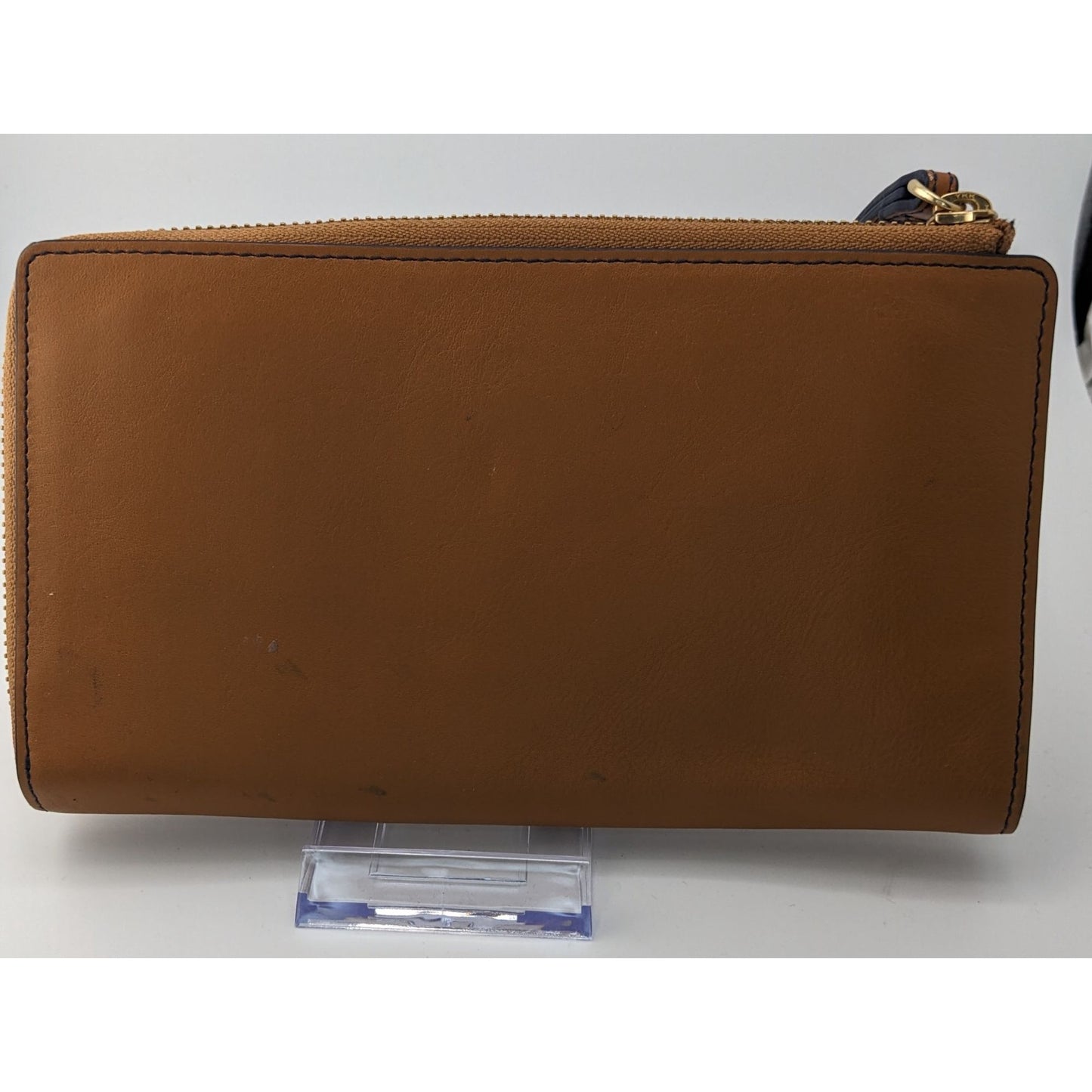 Vera Bradley Genuine Leather Wristlet Wallet With Patterned Interior & 6-Inch Strap 8x4x1 Inches Tan & Navy
