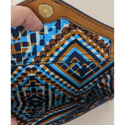 Vera Bradley Genuine Leather Wristlet Wallet With Patterned Interior & 6-Inch Strap 8x4x1 Inches Tan & Navy