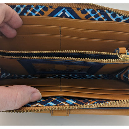 Vera Bradley Genuine Leather Wristlet Wallet With Patterned Interior & 6-Inch Strap 8x4x1 Inches Tan & Navy