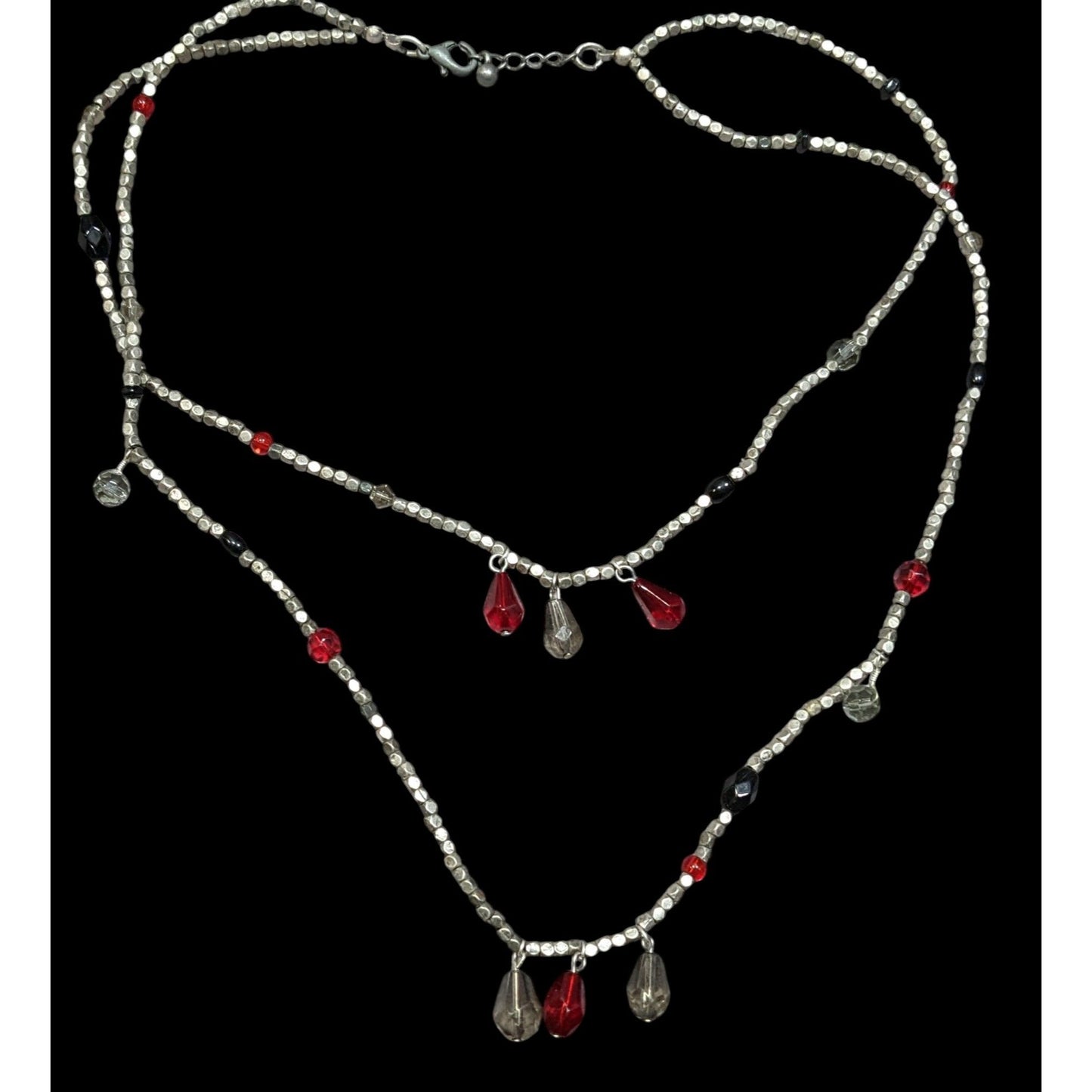 Handmade Layered Red Glass And Silver Tone Metal Beaded Necklace