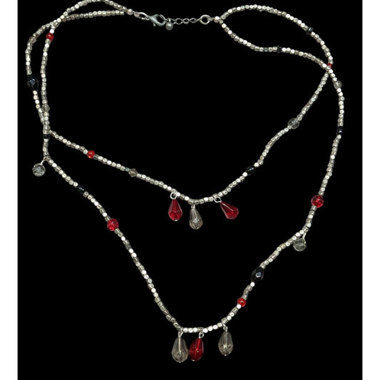 Handmade Layered Red Glass And Silver Tone Metal Beaded Necklace