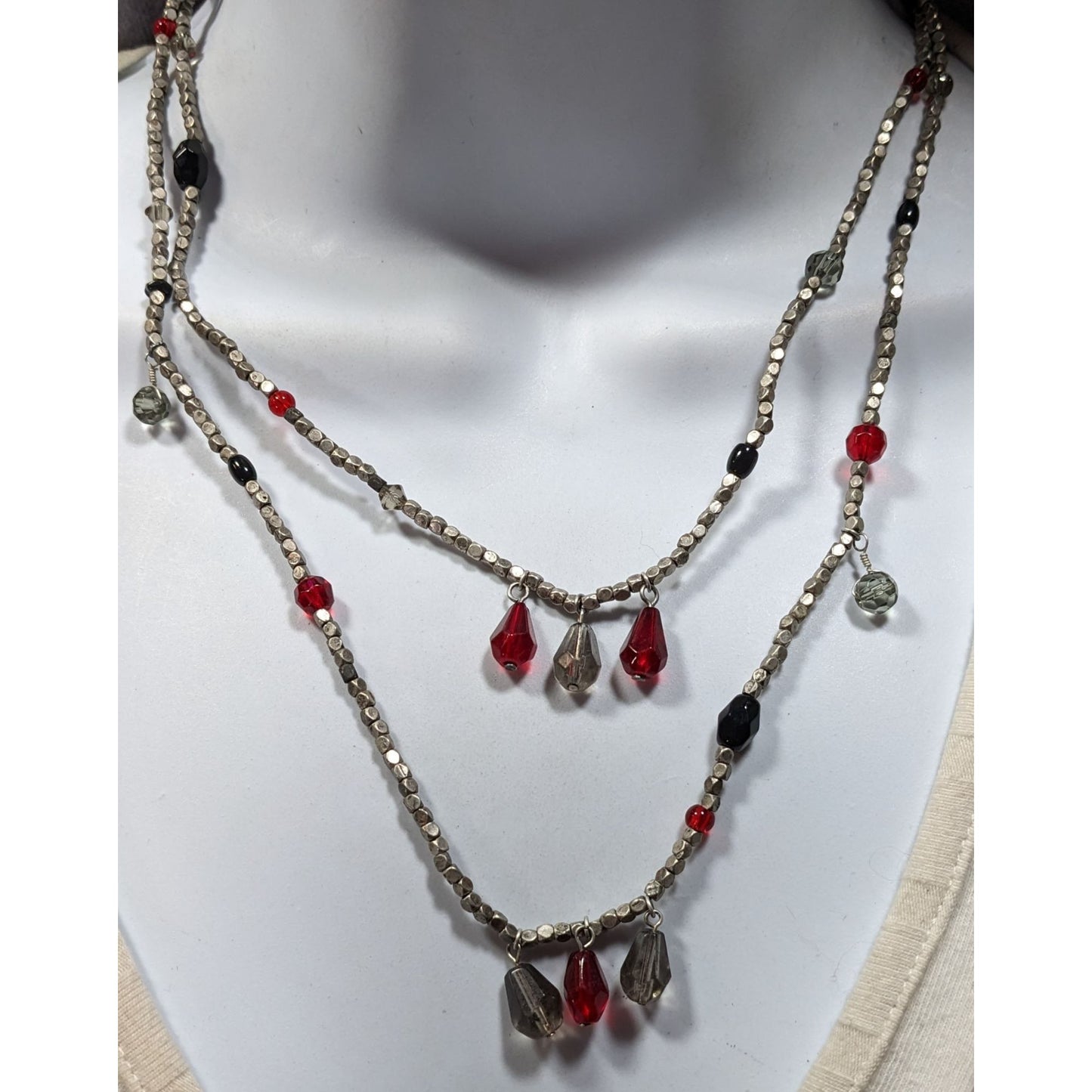 Handmade Layered Red Glass And Silver Tone Metal Beaded Necklace