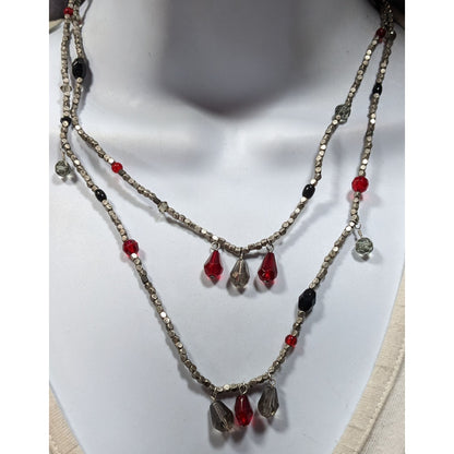 Handmade Layered Red Glass And Silver Tone Metal Beaded Necklace