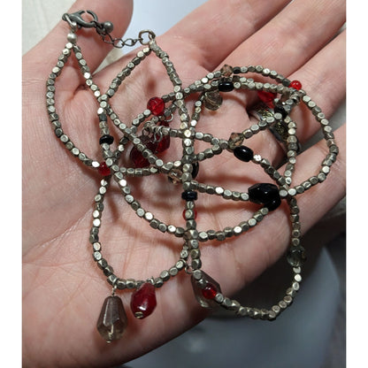 Handmade Layered Red Glass And Silver Tone Metal Beaded Necklace
