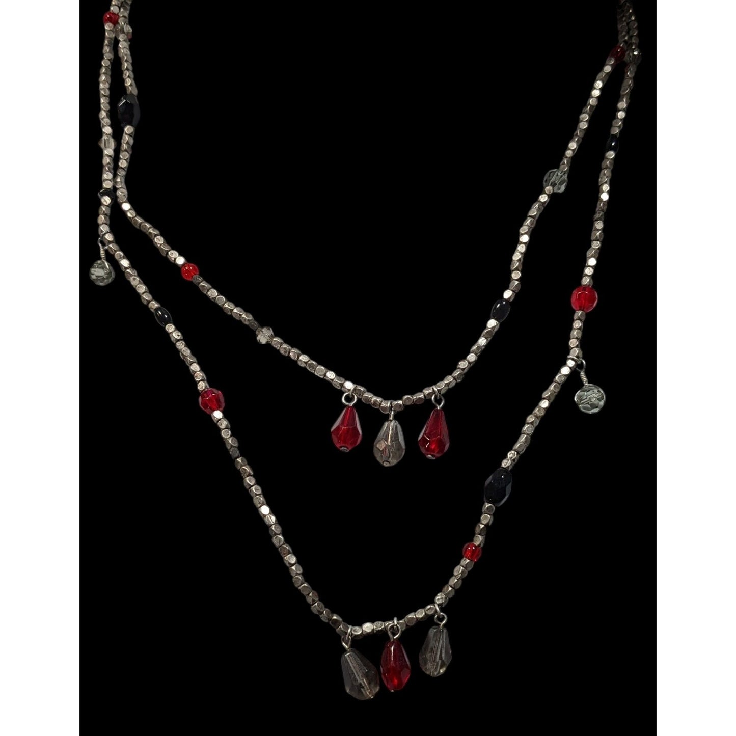 Handmade Layered Red Glass And Silver Tone Metal Beaded Necklace