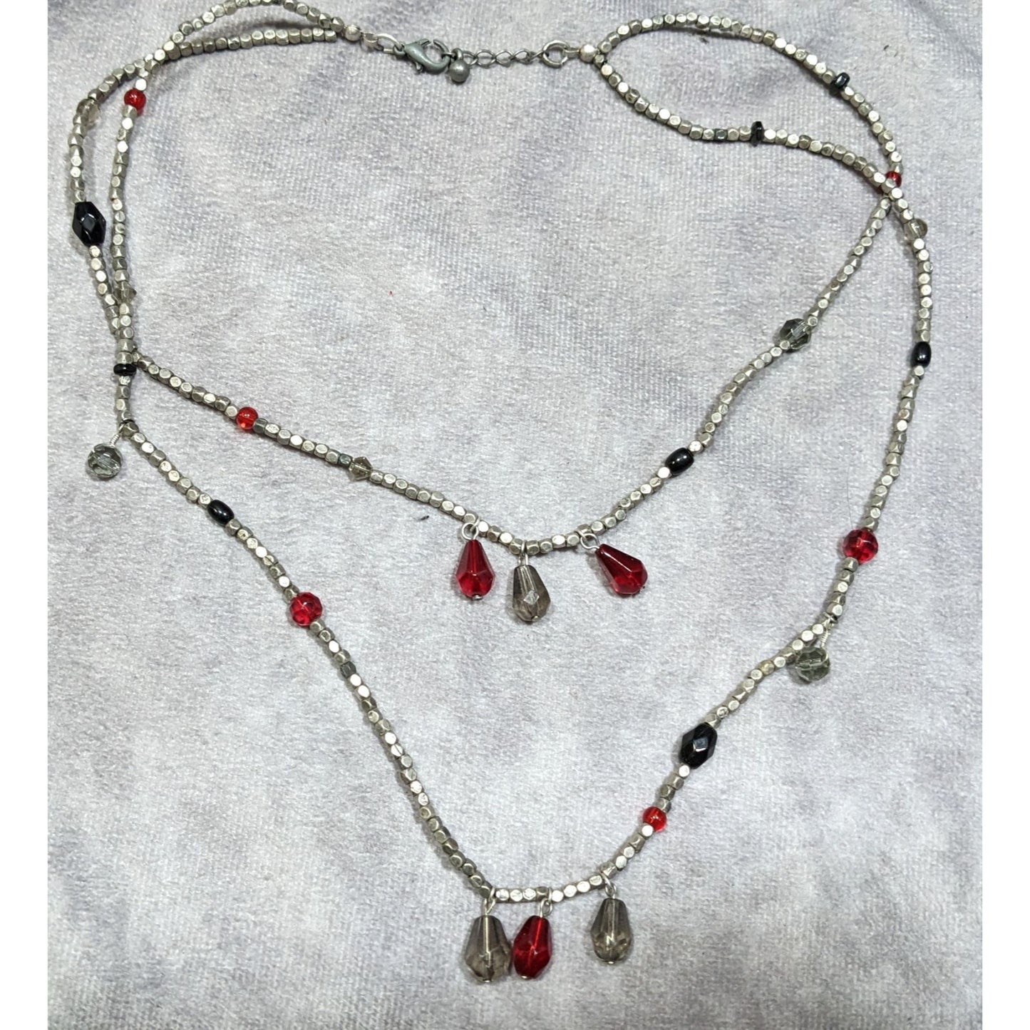 Handmade Layered Red Glass And Silver Tone Metal Beaded Necklace