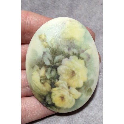 Vintage Ceramic Yellow Rose Painted Brooch