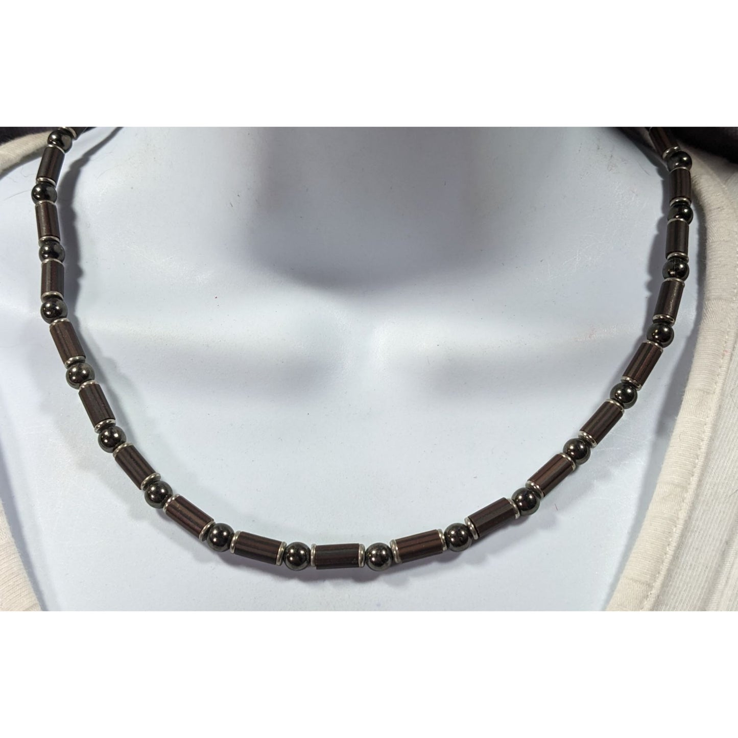 Vintage 90s Hematite And Wood Beaded Necklace