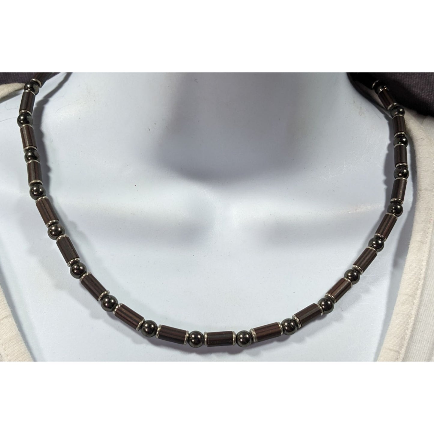 Vintage 90s Hematite And Wood Beaded Necklace
