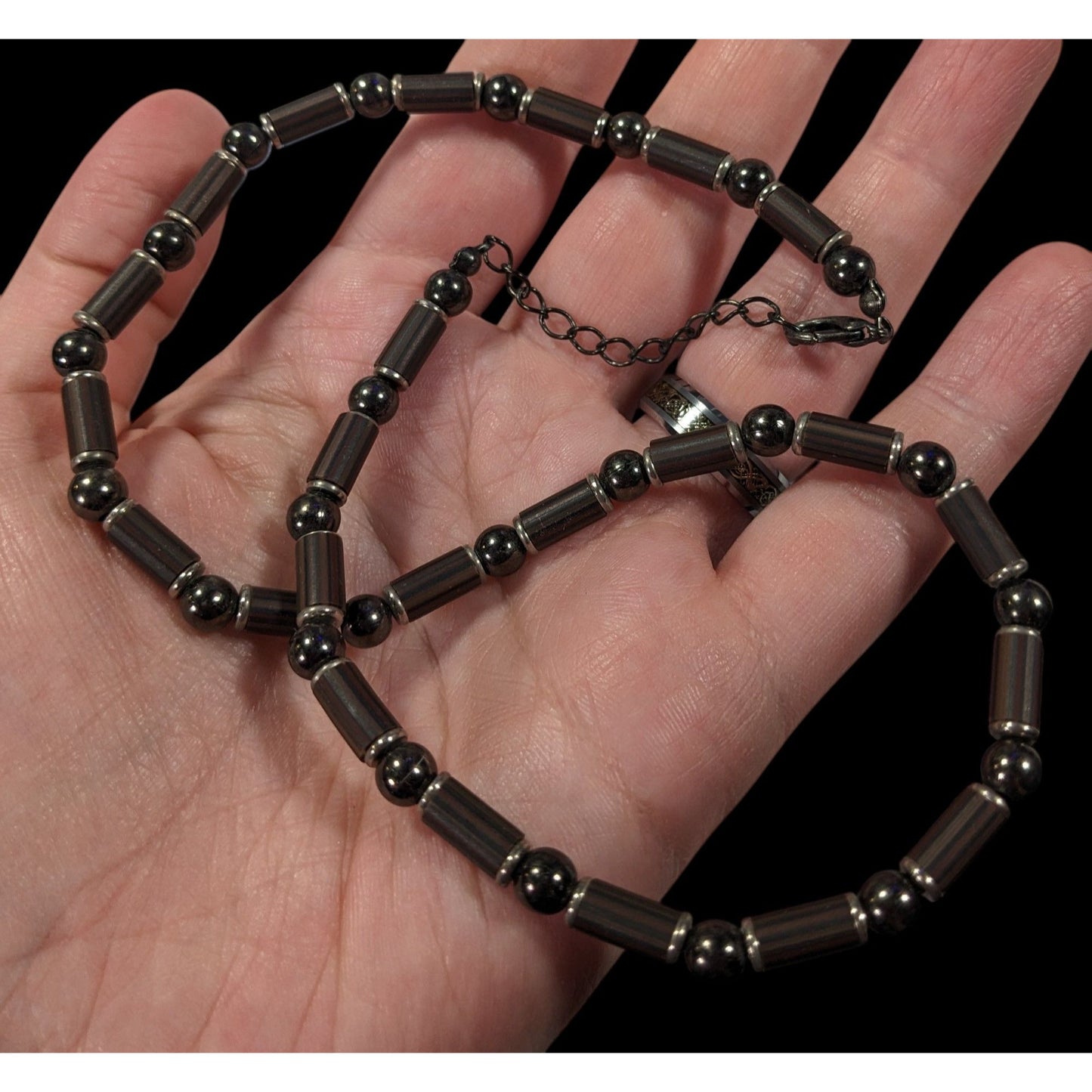 Vintage 90s Hematite And Wood Beaded Necklace