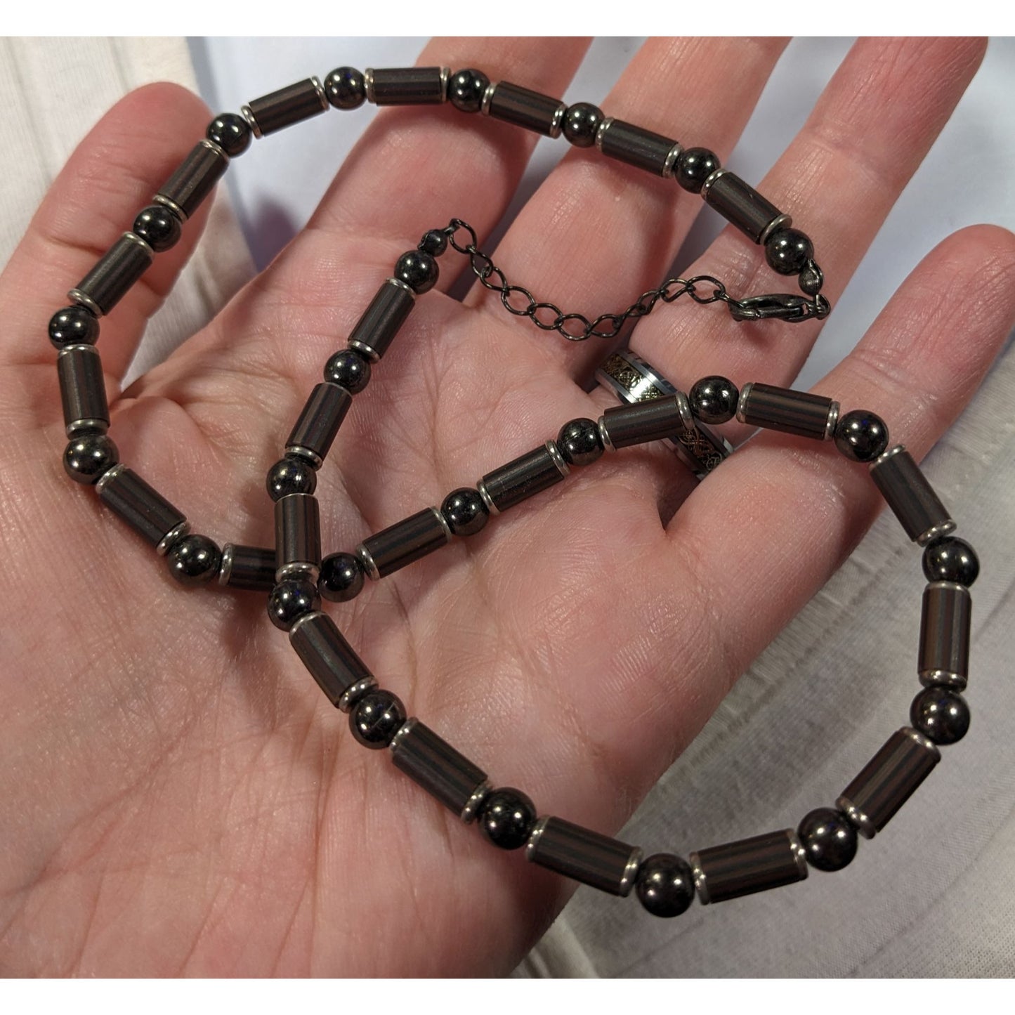 Vintage 90s Hematite And Wood Beaded Necklace
