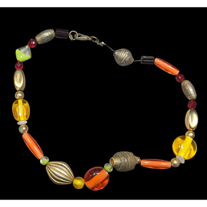 Handmade Retro Orange And Yellow Glass And Metal Beaded Necklace