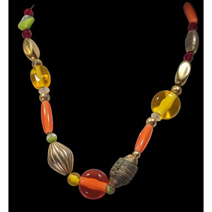 Handmade Retro Orange And Yellow Glass And Metal Beaded Necklace