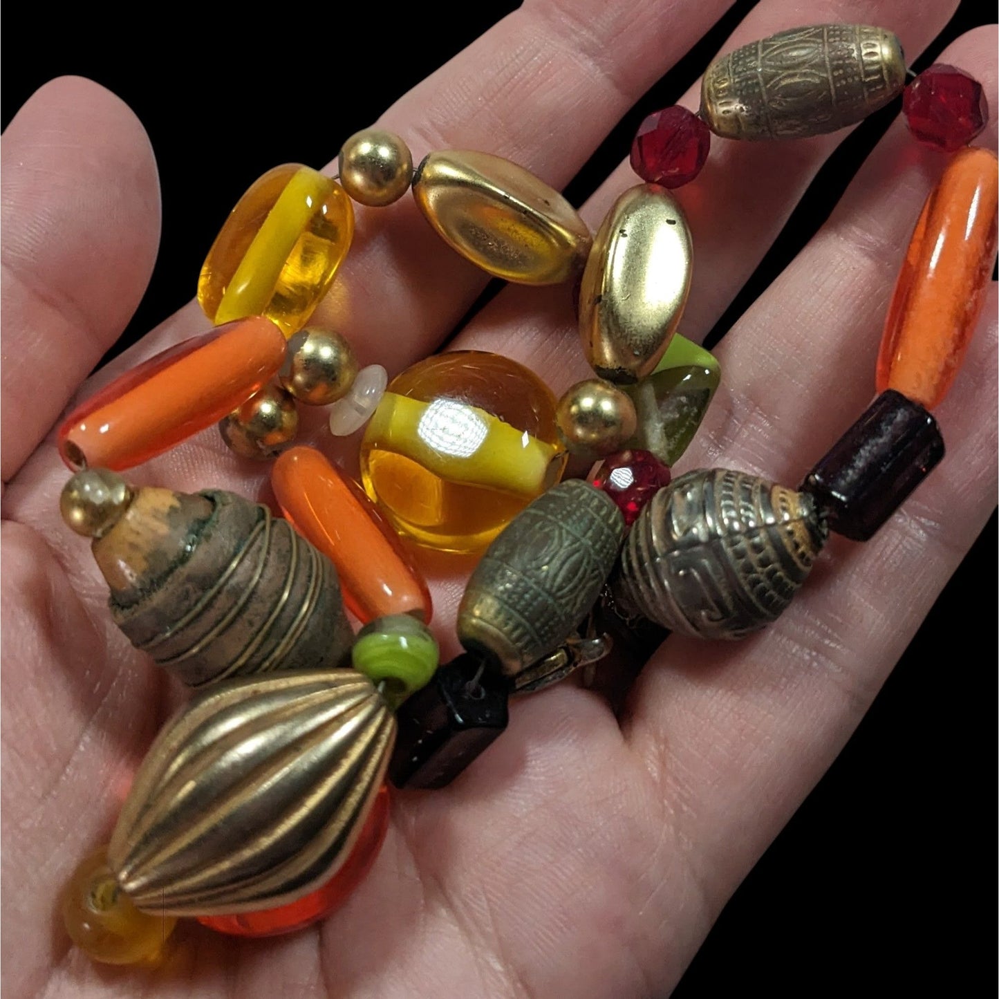 Handmade Retro Orange And Yellow Glass And Metal Beaded Necklace
