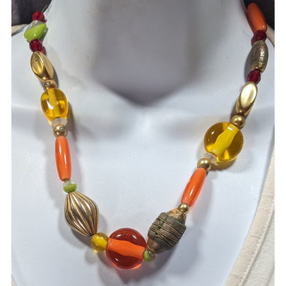 Handmade Retro Orange And Yellow Glass And Metal Beaded Necklace