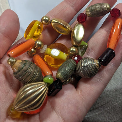 Handmade Retro Orange And Yellow Glass And Metal Beaded Necklace
